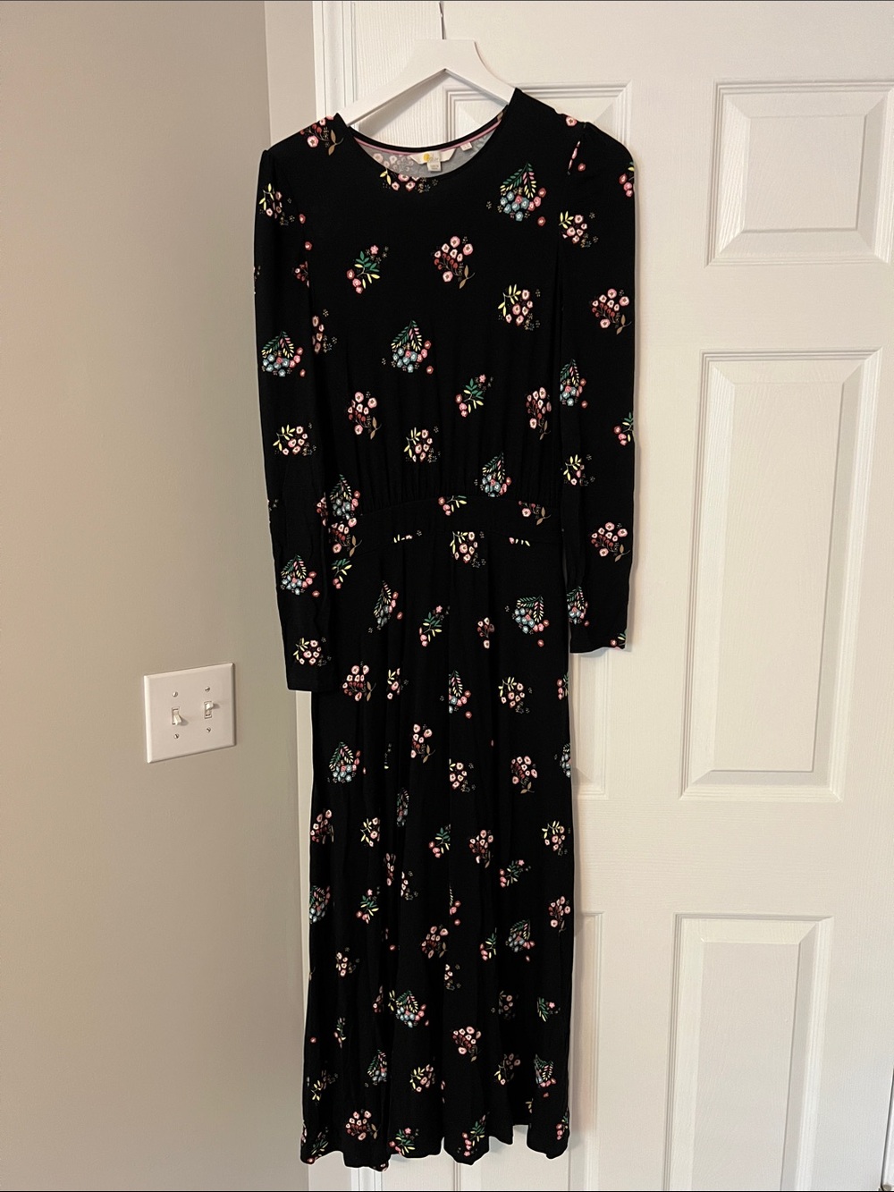 Boden Black Floral Long-Sleeve Maxi Dress with Pink & Green Accents
